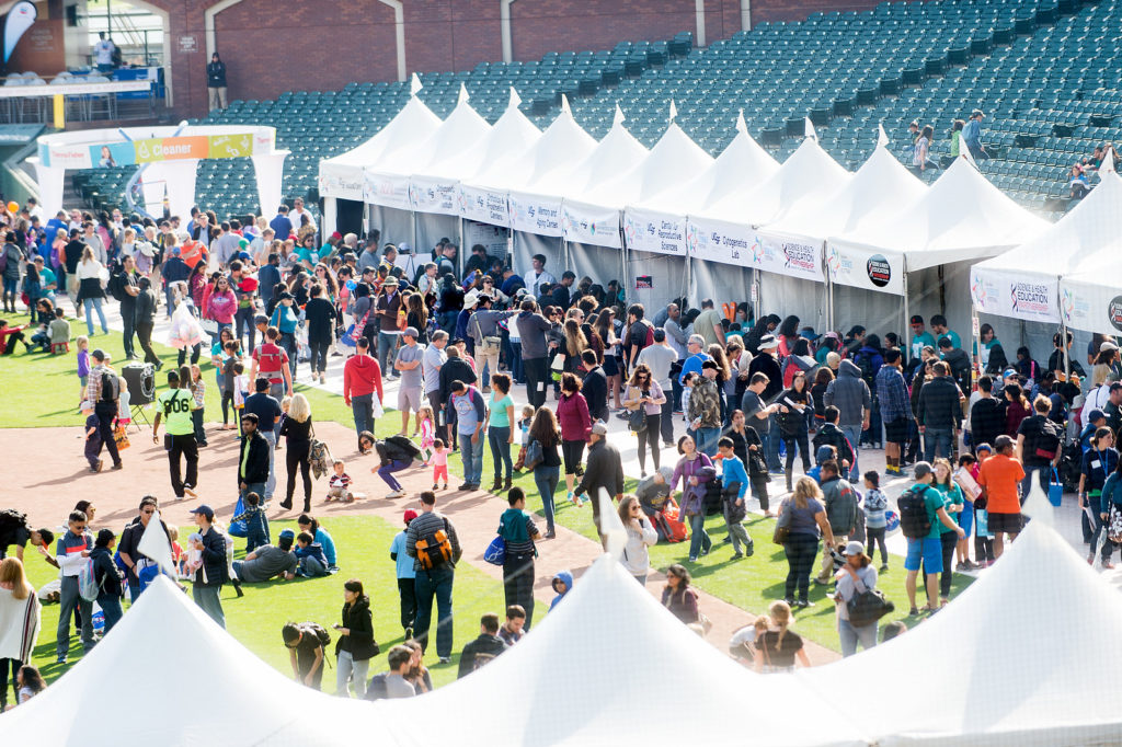 Aerial view of Discovery Day event at Oracle Park.